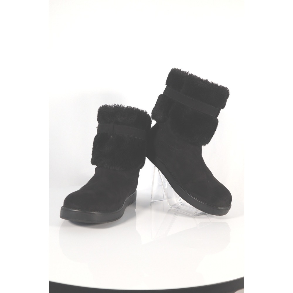GUESS Black Faux Suede Fur Trim Rhinestone Logo Mid-Calf Boots Size 10W